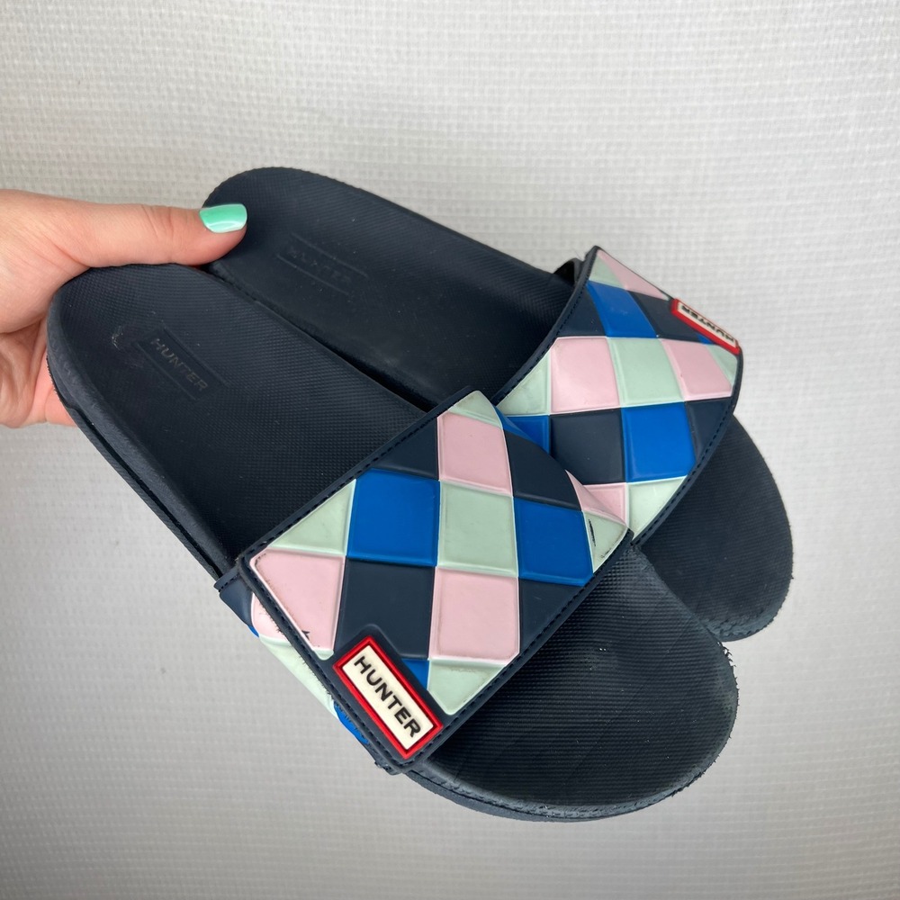 Hunter Womens Harlequin Rubber Slide Sandals Blue Pink Green UK 6 US 8